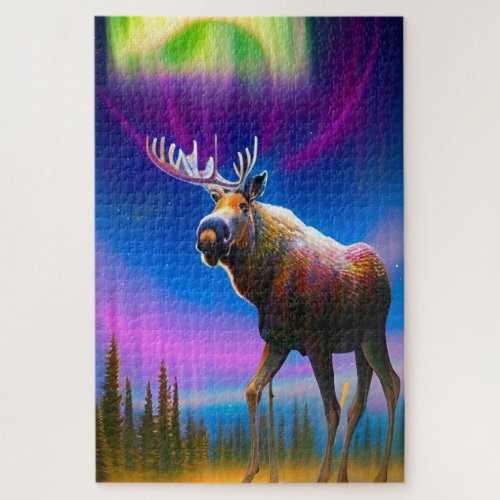 Moose Under Colorful Aurora Borealis Sky Jigsaw Puzzle