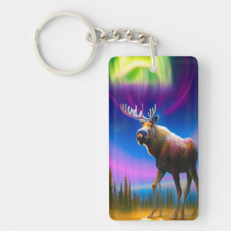 Moose Under Colorful Aurora Borealis Sky Keychain