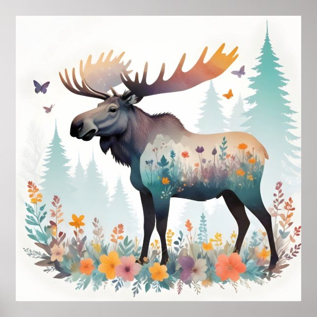 Moose Vintage Animal Nature Forest Flowers Art Poster (Front)
