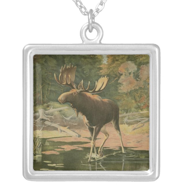 Moose Walking in Water Silver Plated Necklace (Front)