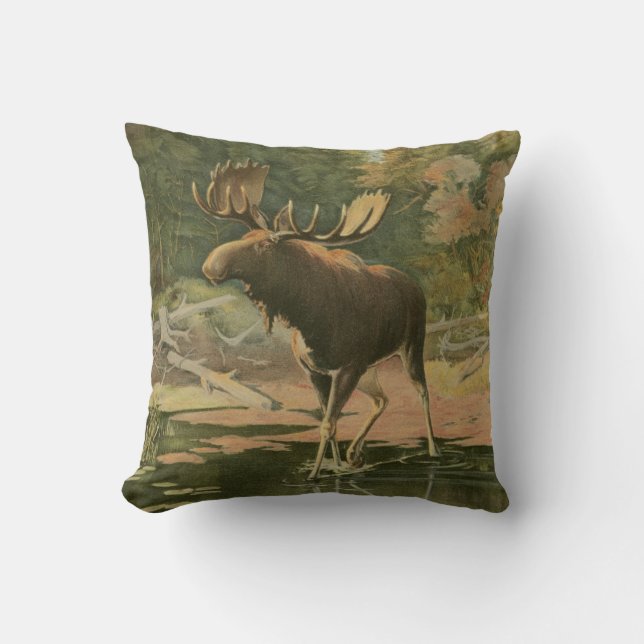 Moose Walking in Water Throw Pillow (Front)