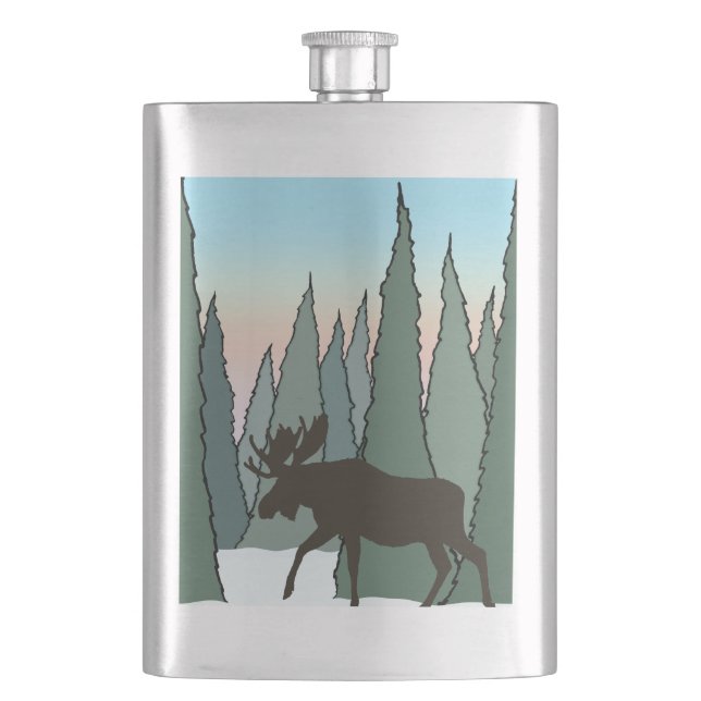 Moose Walking in Winter Forest Flask (Front)