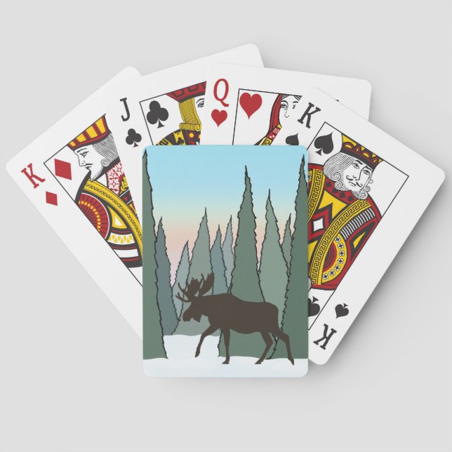 Moose Walking in Winter Forest Poker Cards (Back)