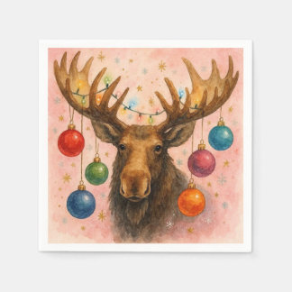 Moose Watercolor Christmas Card. Napkins