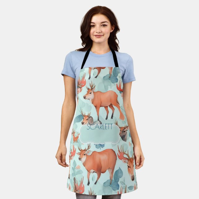 Moose Watercolor Colorful Personalized Pattern Apron (Worn)