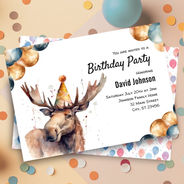 Moose Watercolor Woodland Animal Birthday Party Invitation (Creator Uploaded)