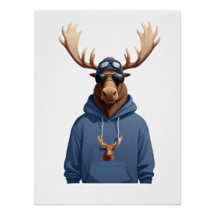Moose Wearing Hoodie Funny Cool Animal Character Poster