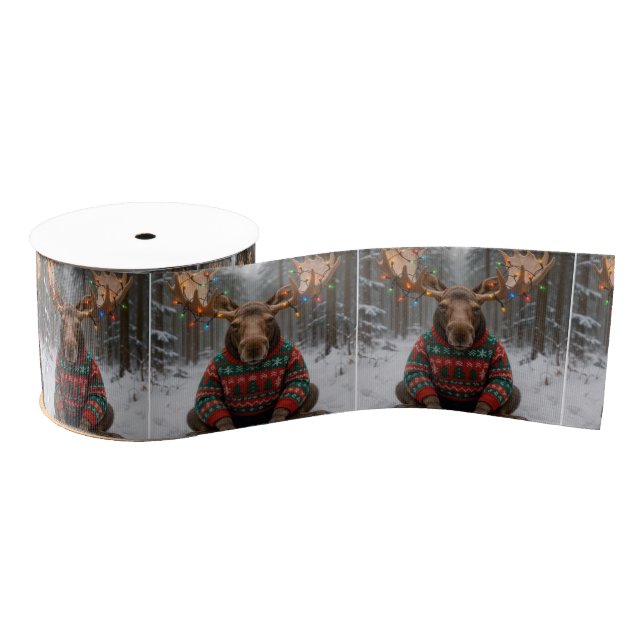 Moose Wearing Ugly Christmas Sweater Grosgrain Ribbon (Spool)