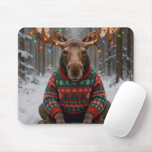 Moose Wearing Ugly Christmas Sweater Mouse Pad (With Mouse)