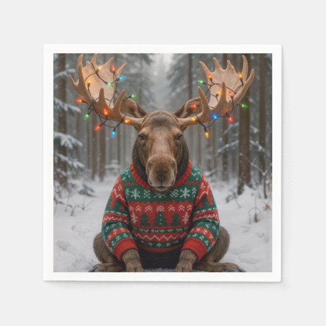 Moose Wearing Ugly Christmas Sweater Napkins (Front)