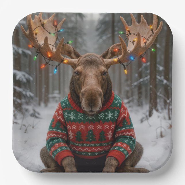 Moose Wearing Ugly Christmas Sweater Paper Plates (Front)