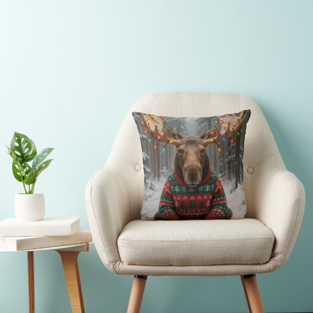 Moose Wearing Ugly Christmas Sweater Throw Pillow (Chair)