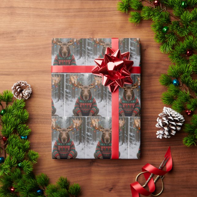 Moose Wearing Ugly Christmas Sweater Wrapping Paper (Holiday Gift)