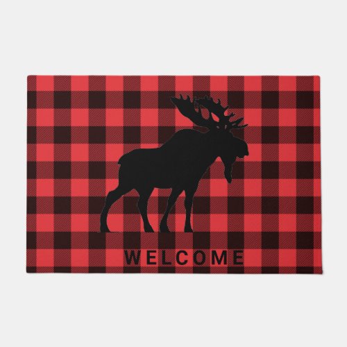 Moose Welcome Red Black Plaid Doormat