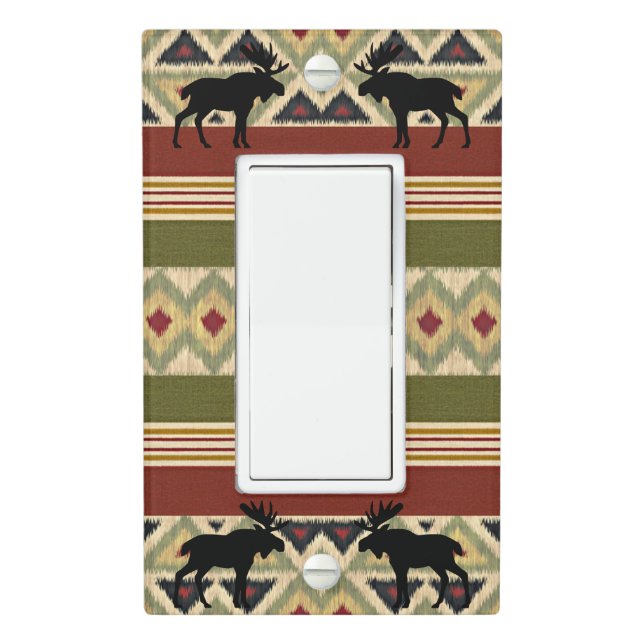 Moose Wildlife Animal Red Green Ochre Ikat Stripes Light Switch Cover (In Situ)