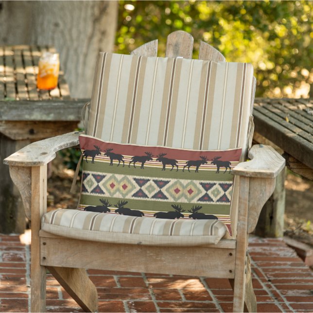 Moose Wildlife Animal Red Green Ochre Ikat Stripes Lumbar Pillow (Chair)