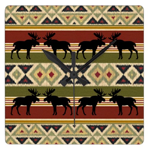 Moose Wildlife Animal Red Green Ochre Ikat Stripes Square Wall Clock