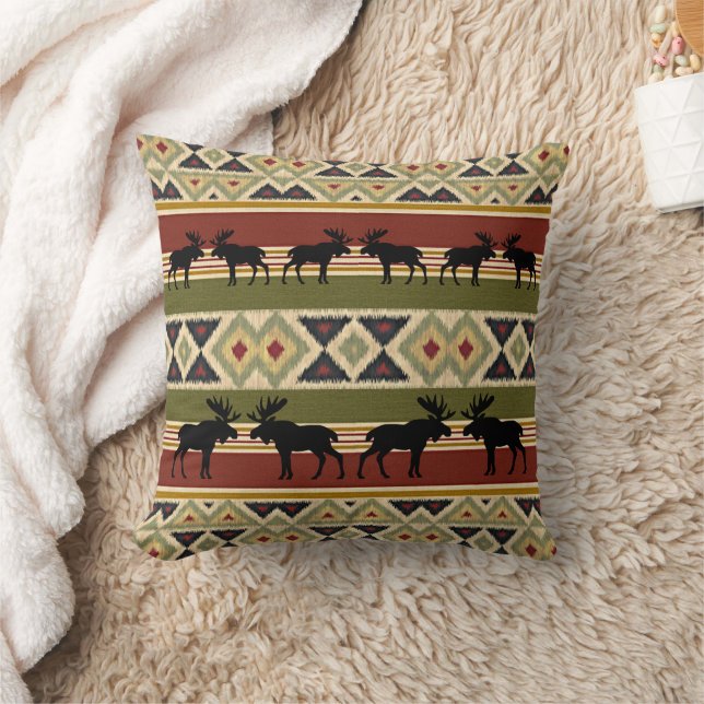 Moose Wildlife Animal Red Green Ochre Ikat Stripes Throw Pillow (Blanket)
