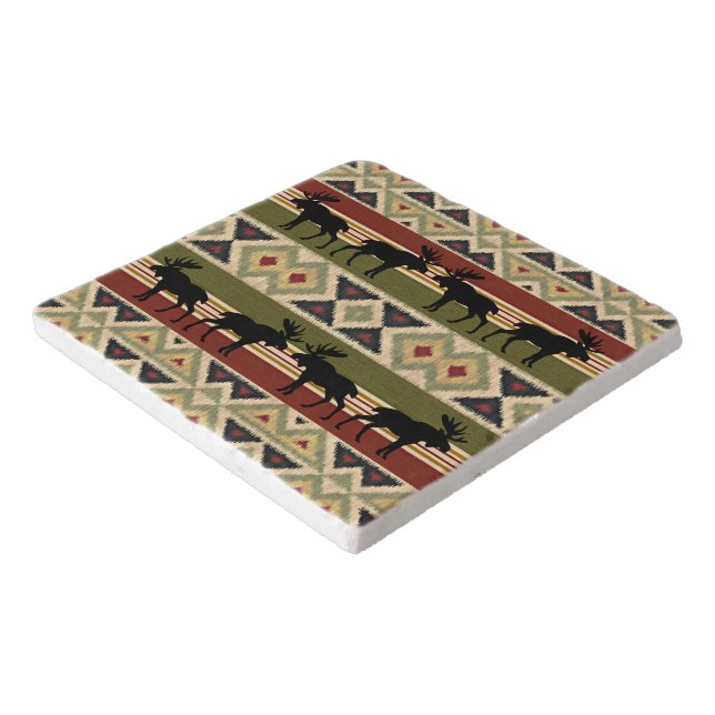 Moose Wildlife Animal Red Green Ochre Ikat Stripes Trivet (Corner)