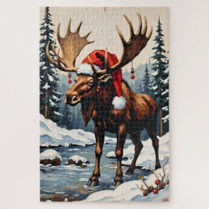 Moose with Antler Christmas Decorations Hat Jigsaw Puzzle