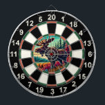 Moose with Antlers in Target Dart Board<br><div class="desc">A sharp circular artwork of a moose in a forest,  framed with a centered target.</div>
