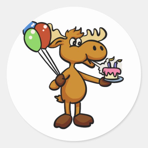 Moose with balloon and cake  choose back color classic round sticker