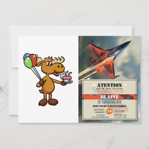 Moose with balloon and cake  choose back color invitation