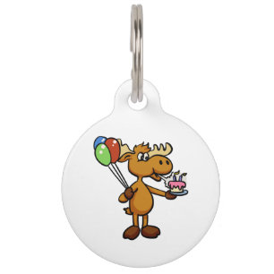 Moose with balloon and cake   choose back color pet ID tag