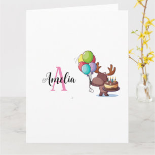 Moose with balloon and cake  Pink Monogram Name Card