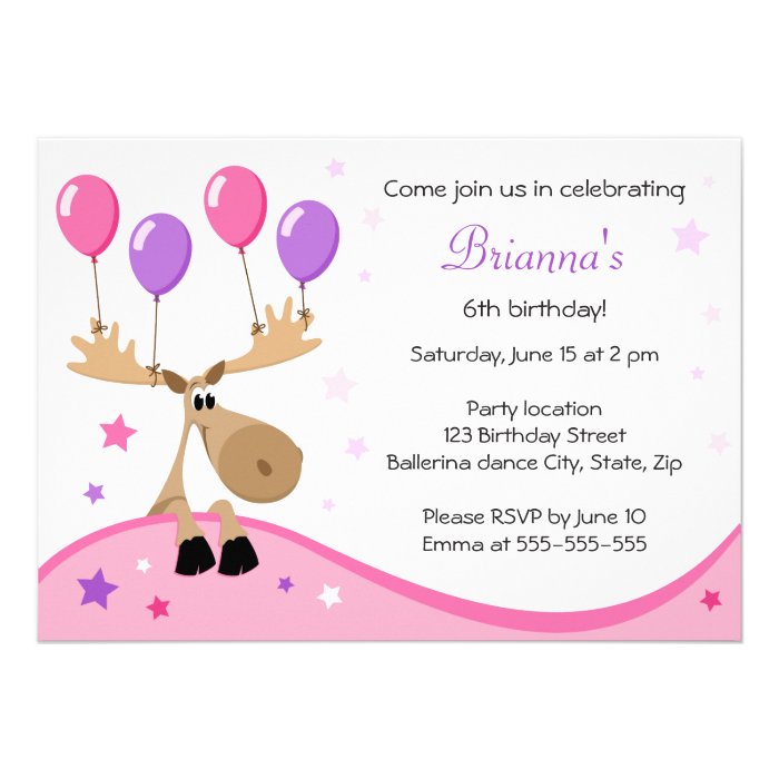 Moose with balloons fun girly kids birthday party custom invites