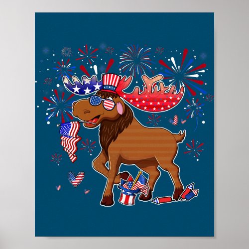 Moose With Fireworks Sunglasses Hat Merica Funny Poster