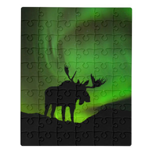 Moose with Green Aurora Borealis, Alaska Jigsaw Puzzle
