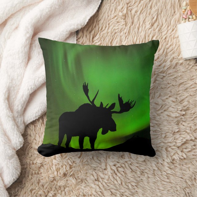 Moose with Green Aurora Borealis, Alaska Throw Pillow (Blanket)