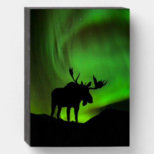 Moose with Green Aurora Borealis Alaska Wooden Box Sign