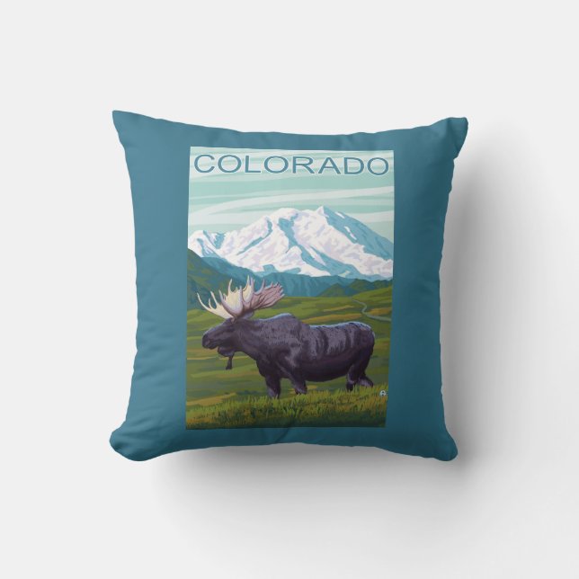 Moose with MountainColorado Throw Pillow (Front)