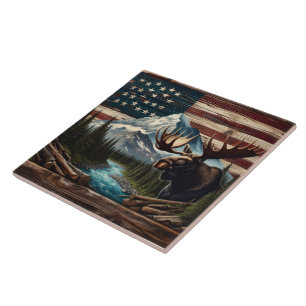 Moose With Mountains and Flag Background Ceramic Tile