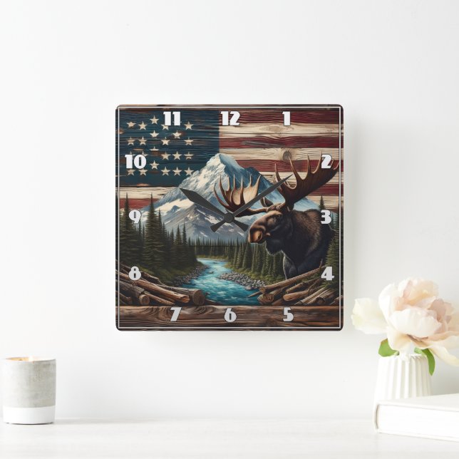 Moose With Mountains and Flag Background Square Wall Clock (Home)
