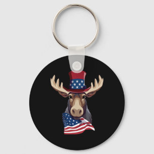 Moose With Patriotic Usa Flag American Independenc Keychain