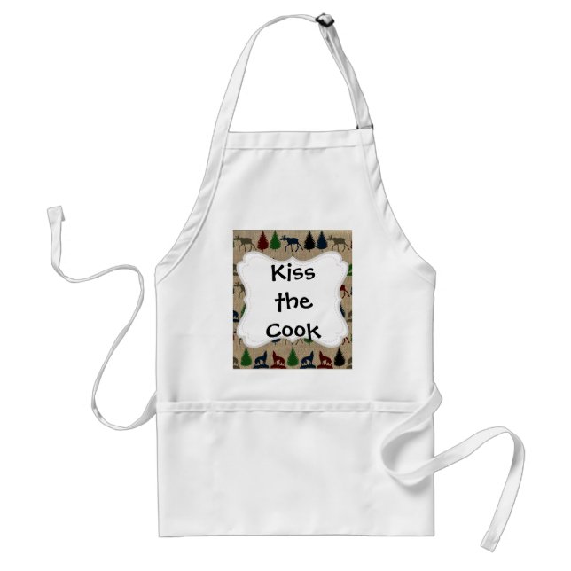 Moose Wolf Pine Tree Rustic Burlap Print Adult Apron (Front)