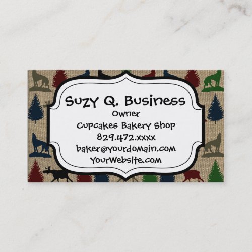 Moose Wolf Pine Tree Rustic Burlap Print Business Card Templates