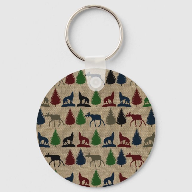 Moose Wolf Pine Tree Rustic Burlap Print Outdoors Keychain (Front)