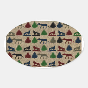 Moose Wolf Pine Tree Rustic Burlap Print Outdoors Oval Sticker