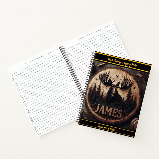 Moose wood carving in forest notebook (Inside)