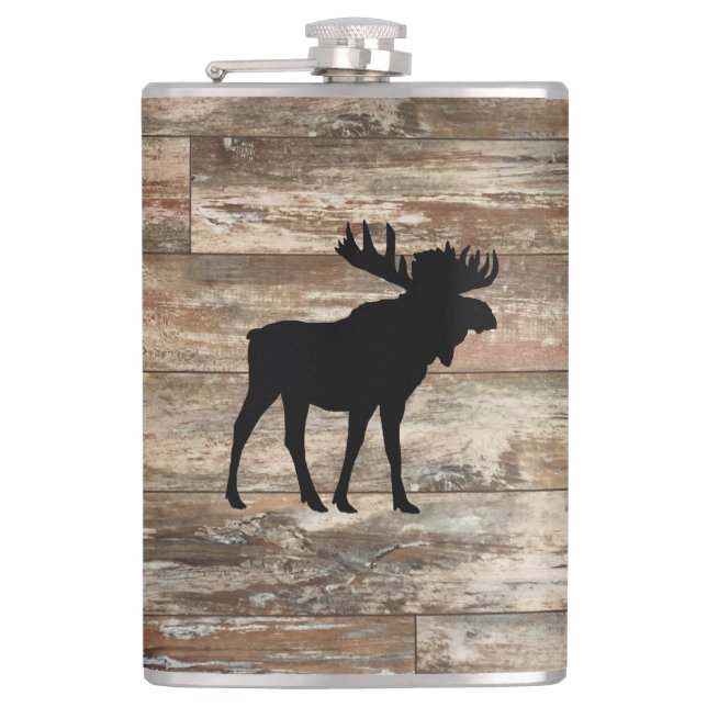 Moose Wood Painting Rustic Style Flask (Front)