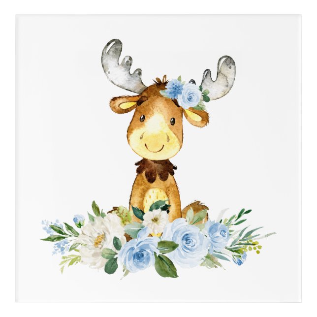 Moose, Woodland Animals, Boho, Blue Flowers Acrylic Print (Front)