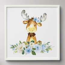 Moose, Woodland Animals, Boho, Blue Flowers