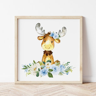 Moose, Woodland Animals, Boho, Blue Flowers Poster