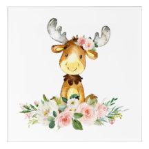 Moose, Woodland Animals, Boho, Pink Flowers