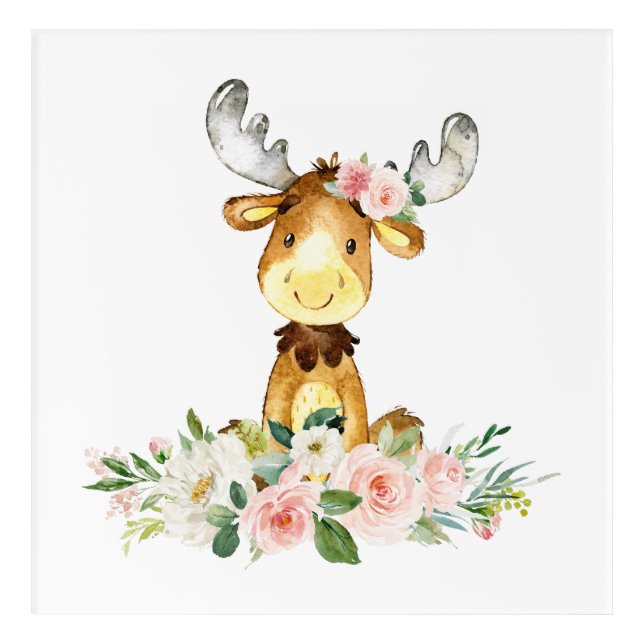 Moose, Woodland Animals, Boho, Pink Flowers Acrylic Print (Front)