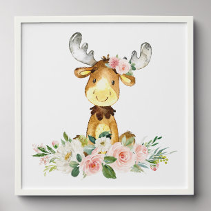 Moose, Woodland Animals, Boho, Pink Flowers Peel And Stick Photo Tile